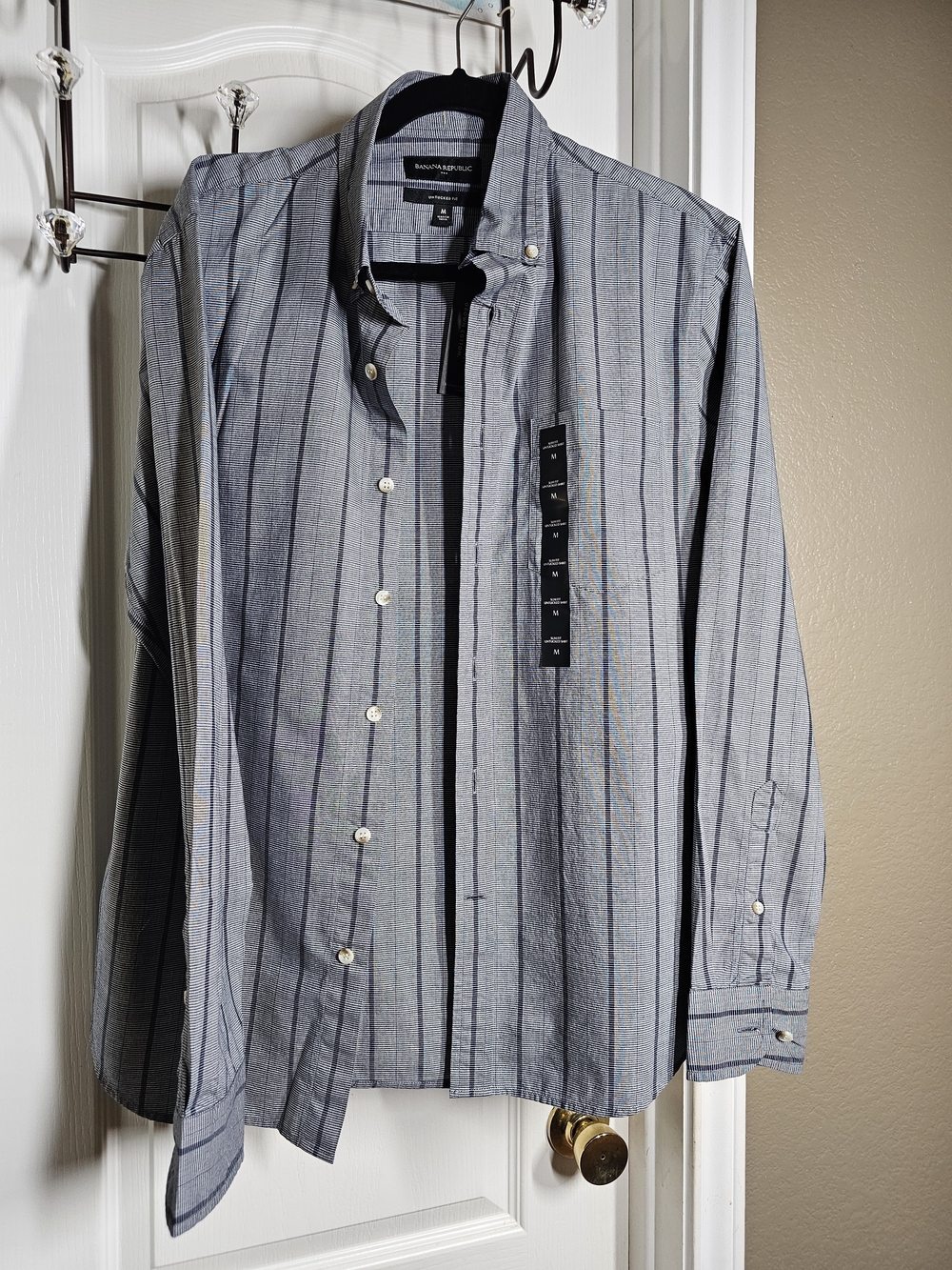 Banana Republic Men’s Gray and Blue Vertical Stripe Button-Down Shirt
